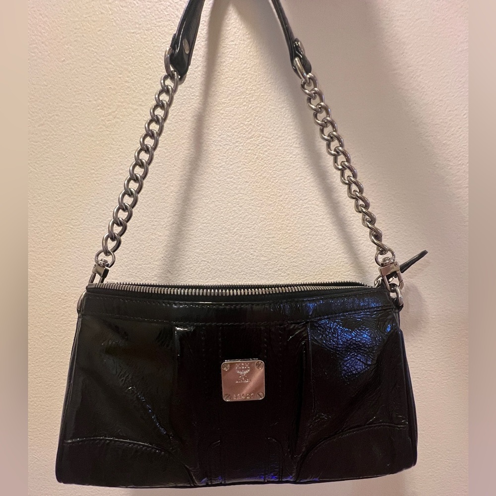 MCM Black Patent Leather Shoulder Bag with Silver Chain